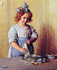 Charles Courtney Curran Famous Paintings - Washing Dishes Emily and Her Tea Set